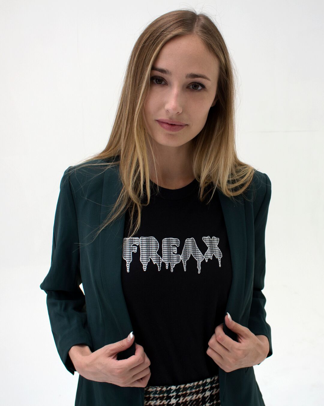 t. Weeyn FREAX Linux inspired with flowing binary code inside women's black t shirt work attire