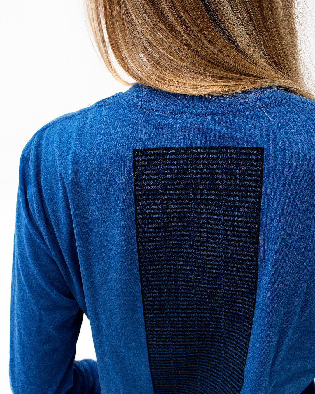 t. Weeyn Backbone Steel  ASCII code women's blue long sleeve t shirt with angel number close up