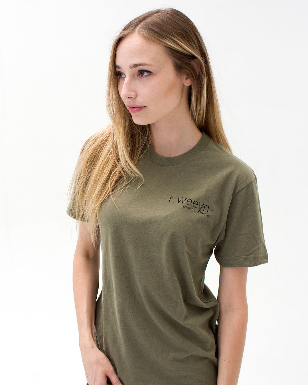t. Weeyn Backbone Steel in ASCII code women's army green short sleeve shirt front view 