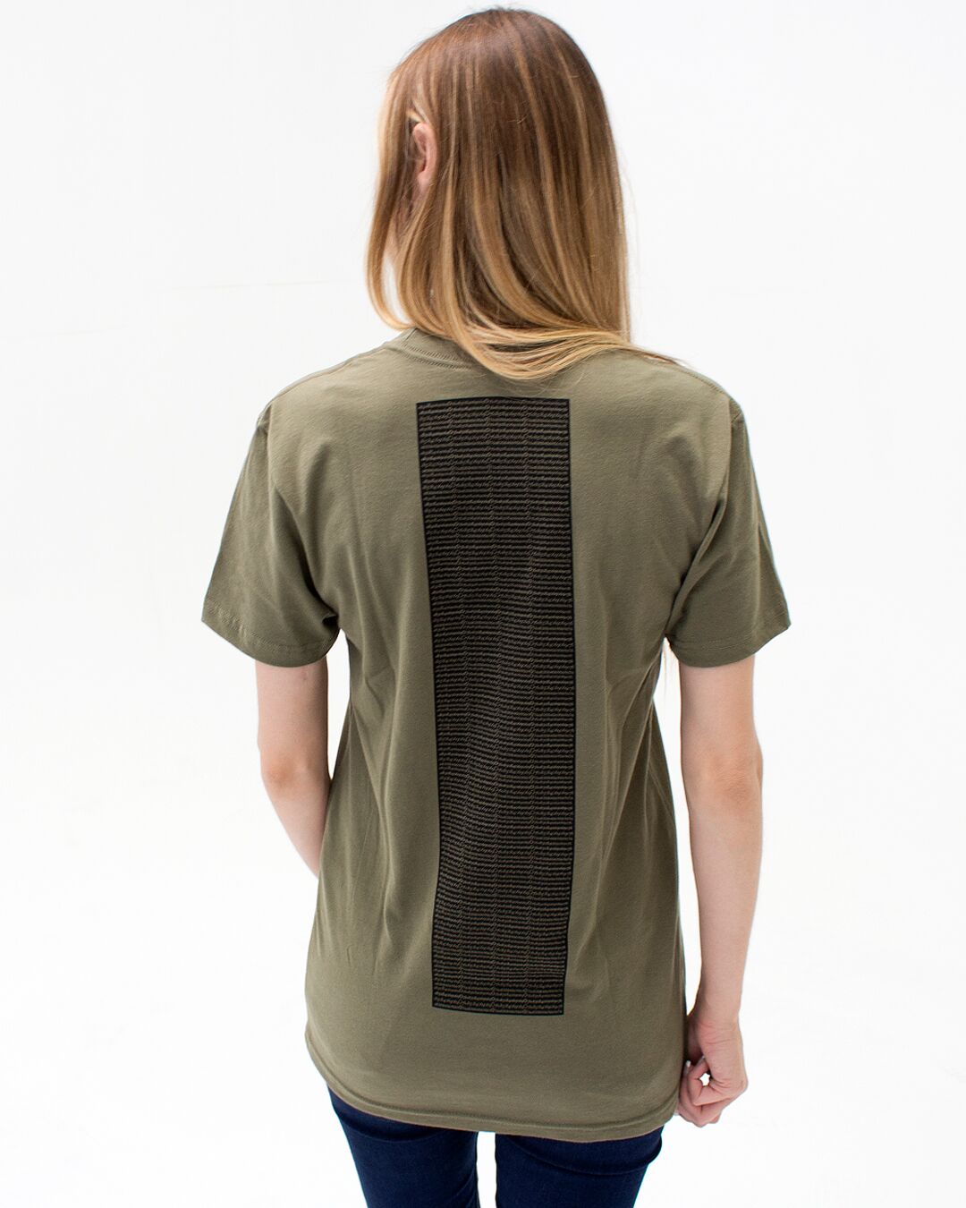 t. Weeyn Backbone Steel in ASCII code women's army green short sleeve t shirt back view